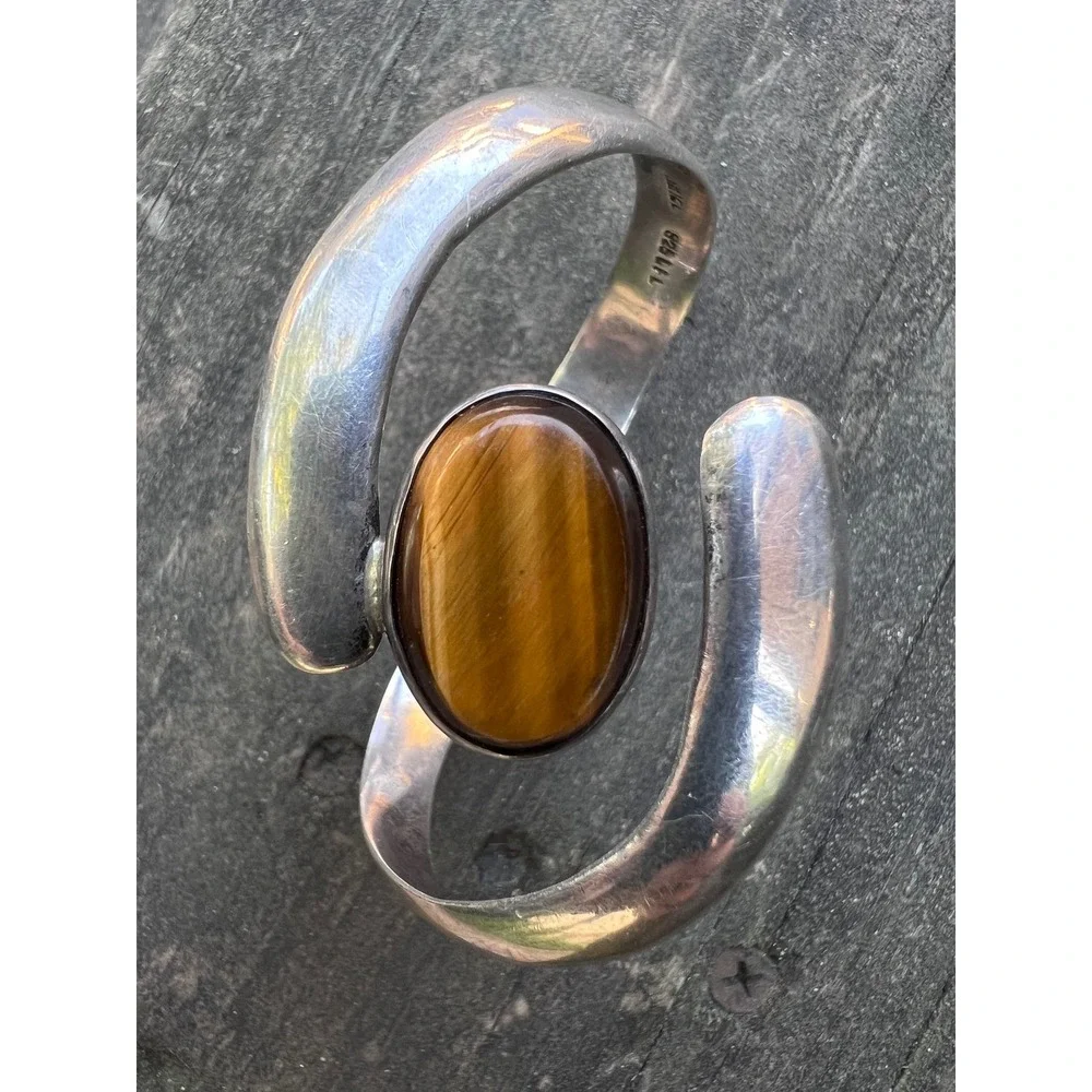 Vintage Los Castillos 925 Tige's Eye Sterling Silver Cuff Bracelet